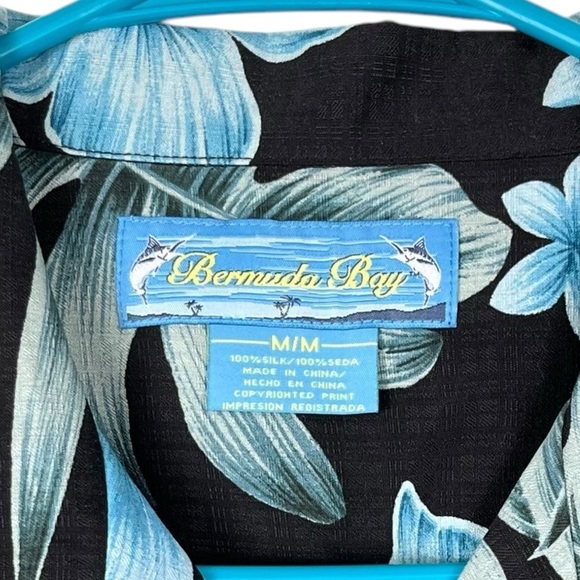 Bermuda Bay Men’s 100% Silk Tropical Hawaiian Black & Blue Printed Shirt Size M - Picture 7 of 10